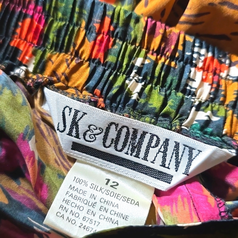 Vintage S K  & Company Autumn FLORAL ABSTRACT PRINT 100% Silk Skirt sz 12  LARGE